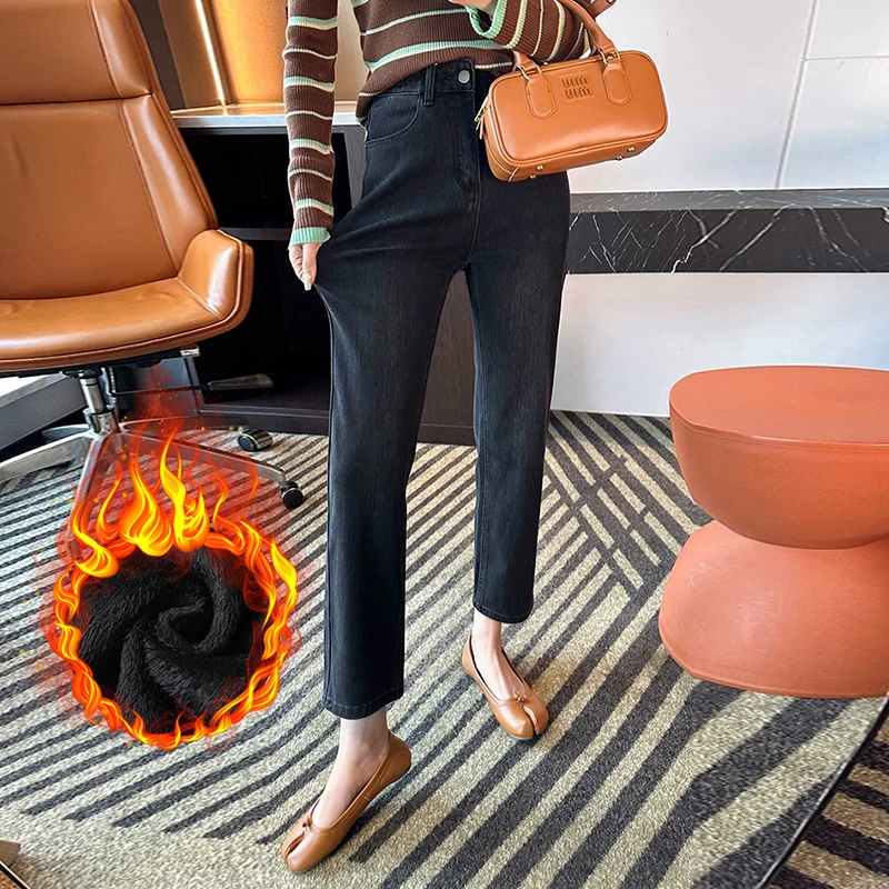 双腿直溜溜！~厚绒法棍牛仔裤女秋冬新款百搭高腰弹力九分直筒裤