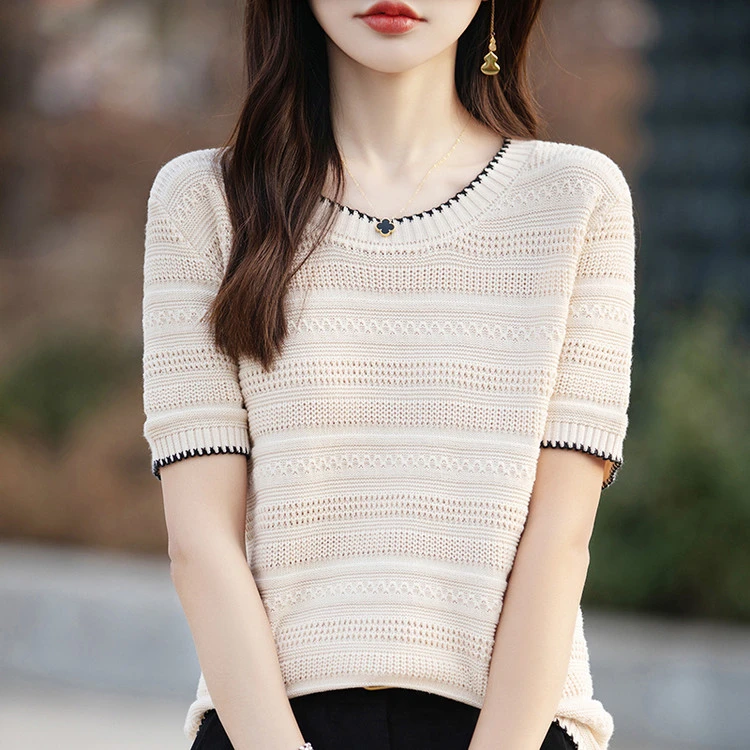 2025春夏季新款法式短袖棉线针织衫显瘦薄款圆领镂空钩花T恤上衣