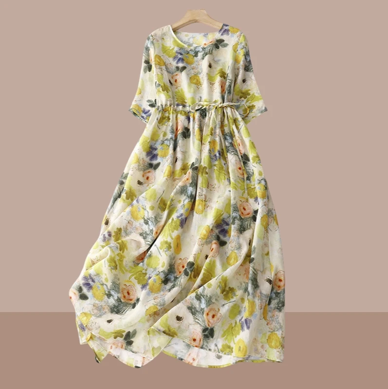夏季时尚新款度假风文艺印花连衣裙女气质复古民族风收腰显瘦裙子