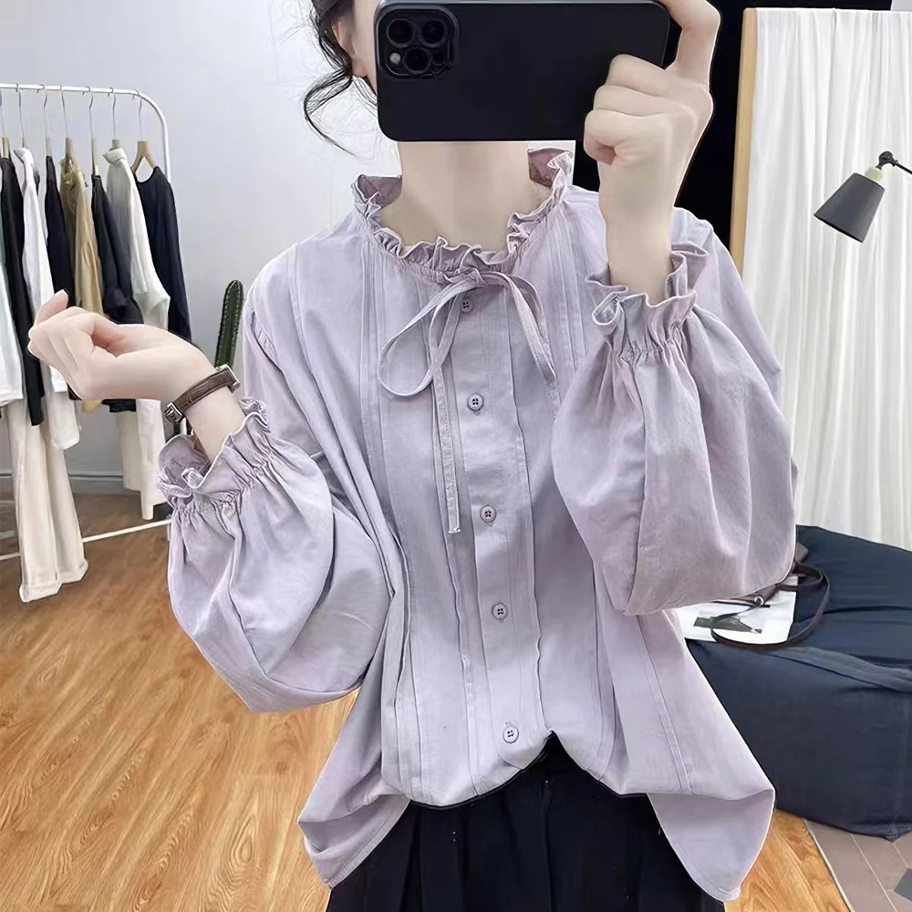 荷叶领系带纯棉荷叶袖长袖衬衫女式减龄上衣春秋新款显瘦百搭衬衣