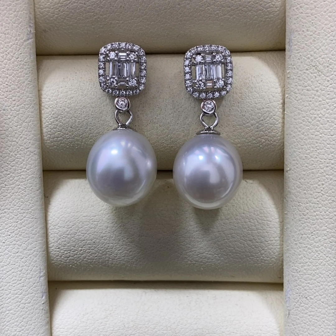 银S925镶嵌耳饰海水珍珠澳白耳坠11-12m m