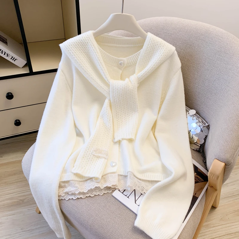 SM潮流韩系针织开衫镂空海军领披肩两件套女秋季新款蕾丝拼接毛衣