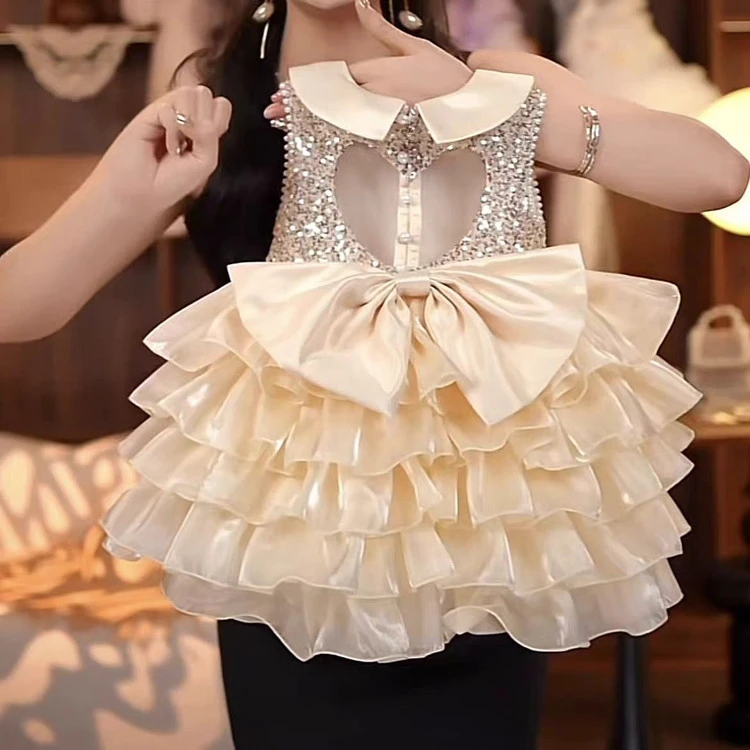 2025夏季新款女童小翻领亮片蛋糕公主裙女宝洋气连衣裙表演生日裙