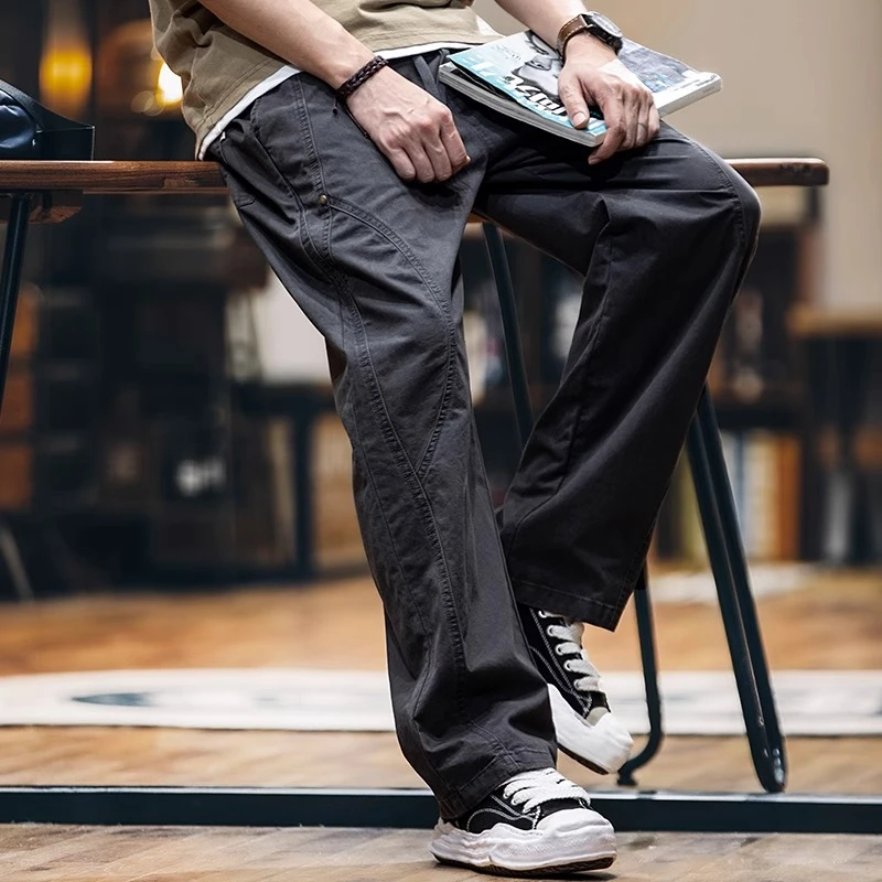 美式复古水洗拼接休闲裤男夏季新款宽松阔腿纯棉工装直筒长裤