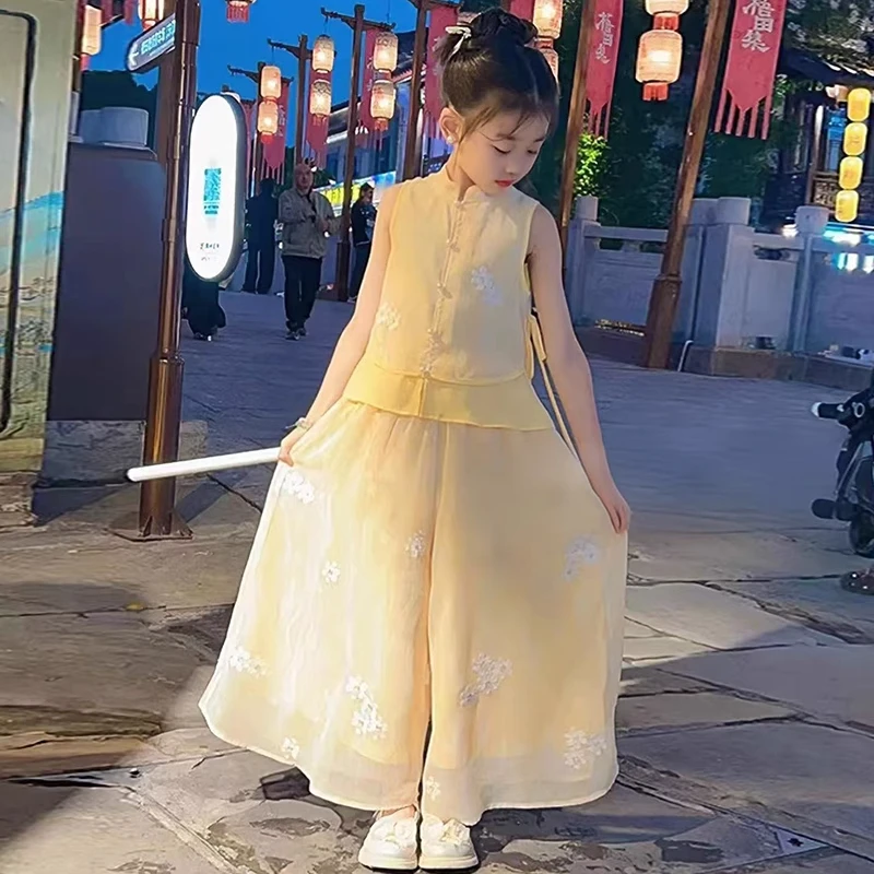 女童夏装套装2025夏季新款儿童国风新中式唐装黄色贵气汉服两件套