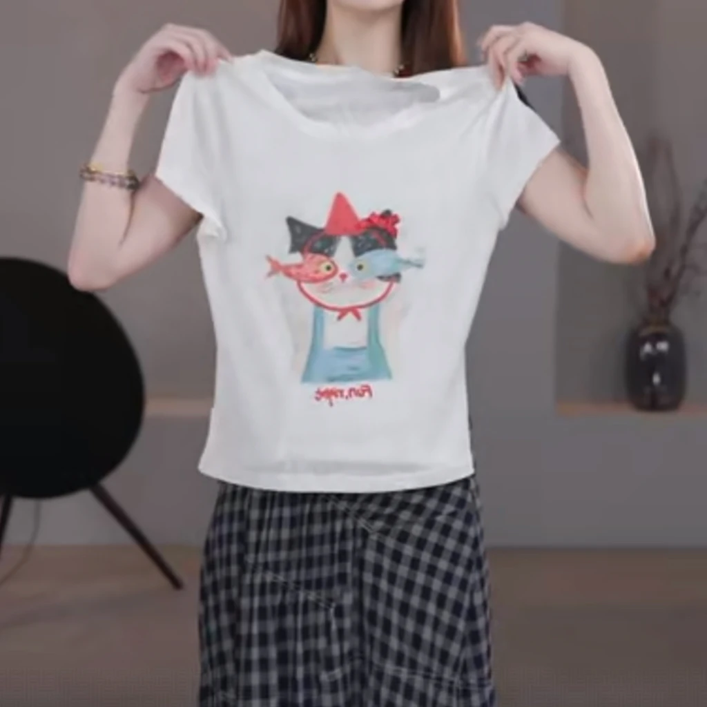 韩版卡通小猫印花短袖T恤女2025夏季新款设计感时尚通勤减龄上衣