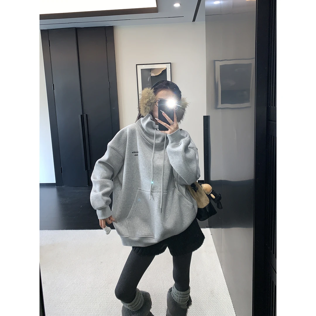 【LIUKY】冬季慵懒松弛感刺绣复古oversize加厚加绒套头立领卫衣