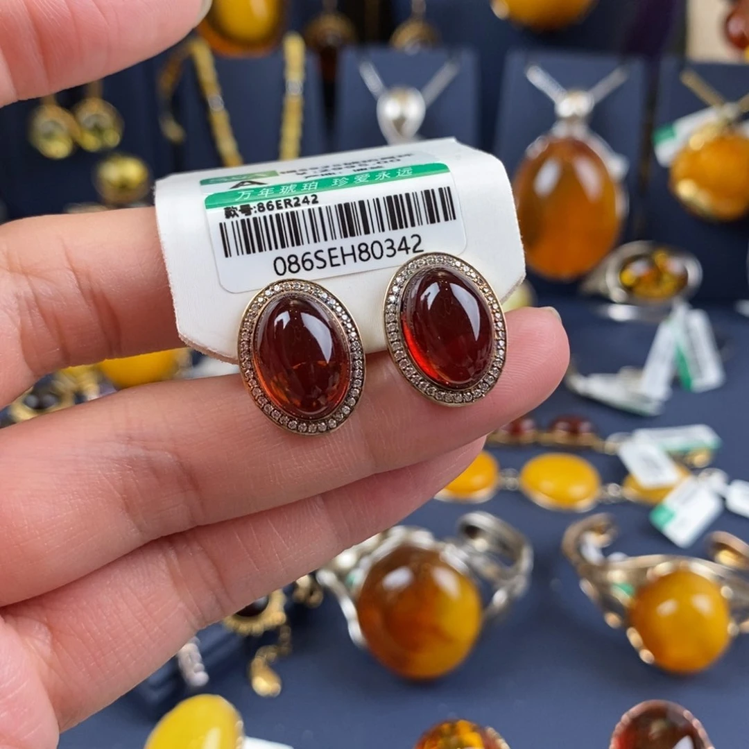 琥珀耳饰银S925镀金镶嵌