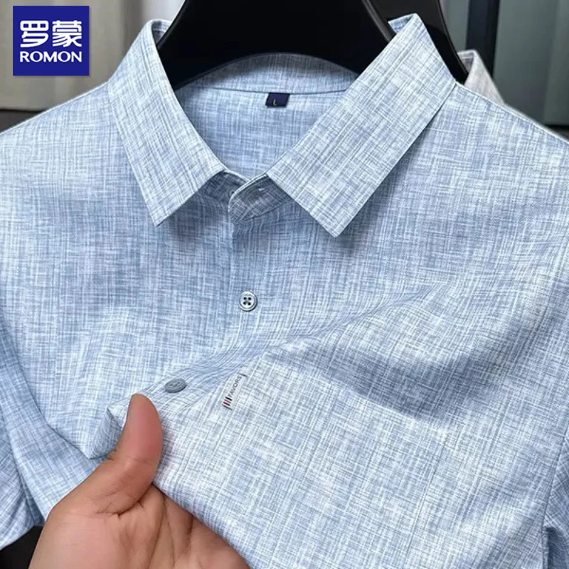 罗蒙男士棉麻短袖衬衫吸湿轻薄夏季高档中青年商务罗蒙短袖衬衫