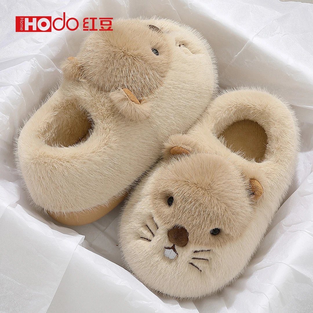 红豆萌萌哒卡通棉拖鞋室内厚底防滑家居情侣款居家亲子毛绒棉鞋商品图