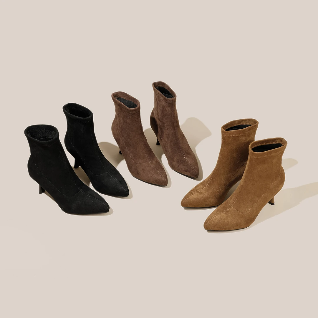 真皮短靴女细跟2025年秋冬新款气质百搭尖头高跟瘦瘦靴时尚秋冬