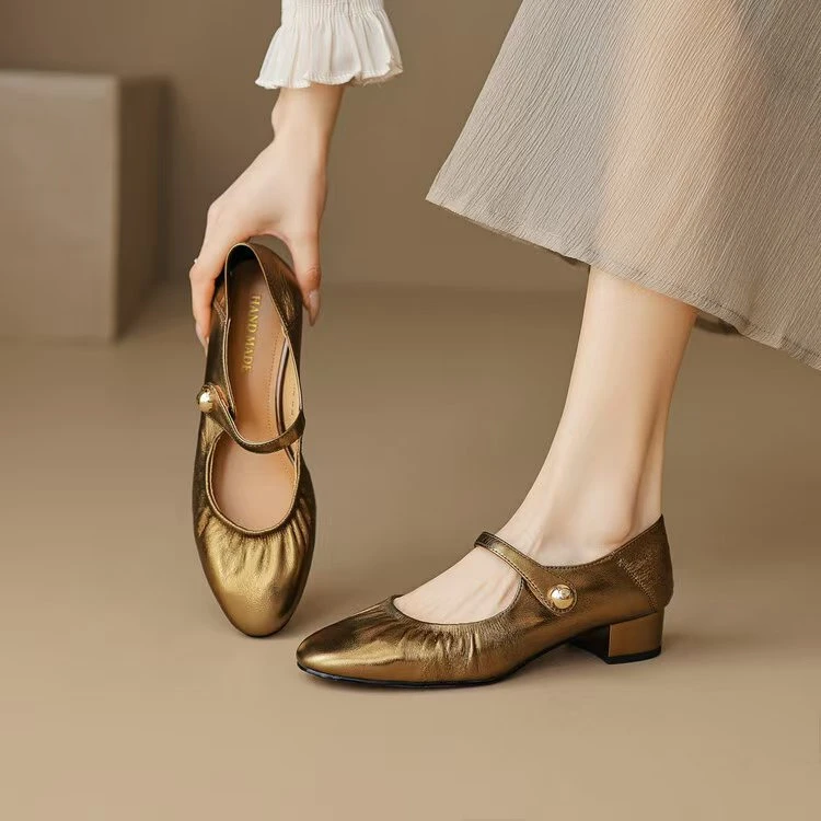 羊皮3.5CM跟圆头玛丽珍国潮单鞋浅口百搭通勤时尚软底真皮女鞋