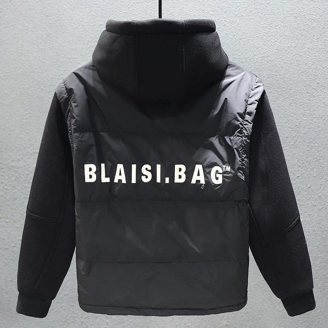 冬季假两件羽绒服男美式潮牌加厚连帽外套设计感拼接复古工装夹克