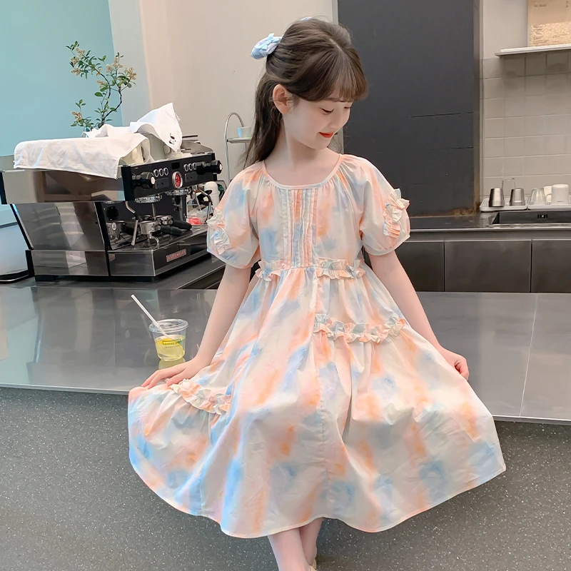 夏季短袖女公主风休闲风连衣裙夏装公主裙童装泡泡袖小女孩中大童