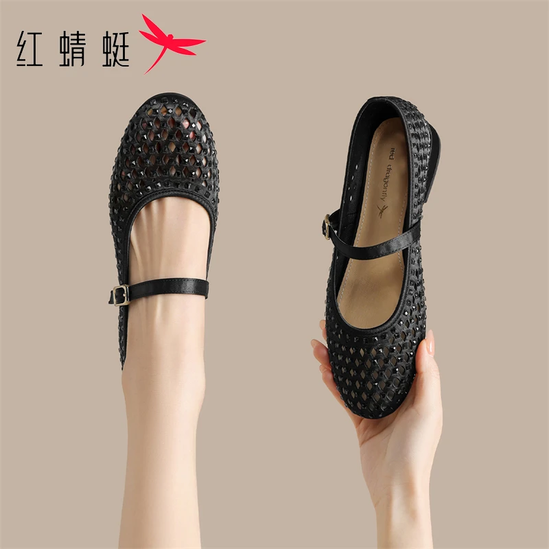 红蜻蜓玛丽珍鞋女款2025年新款夏季镂空一字扣凉鞋仙女风浅口单鞋