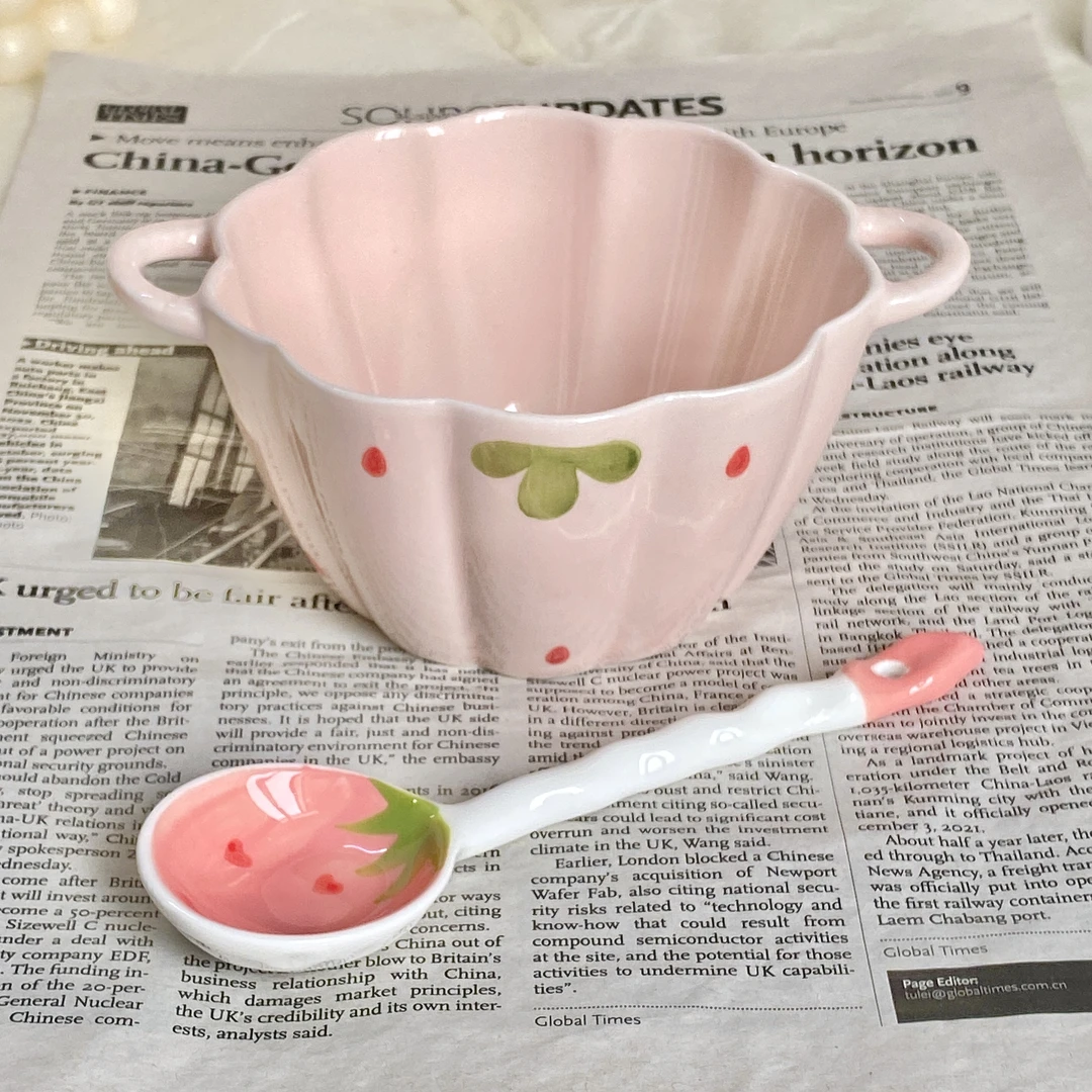 南瓜双耳汤碗奶油风色系酸奶碗釉下彩陶瓷家用饭碗宿舍甜品碗餐具