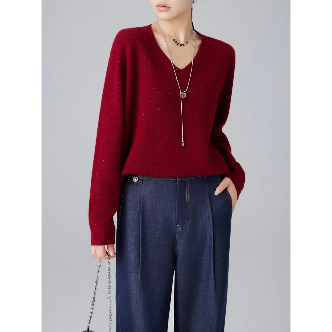 老敏哥100绵羊毛复古通勤百搭亮片设计感v领针织上衣W966837