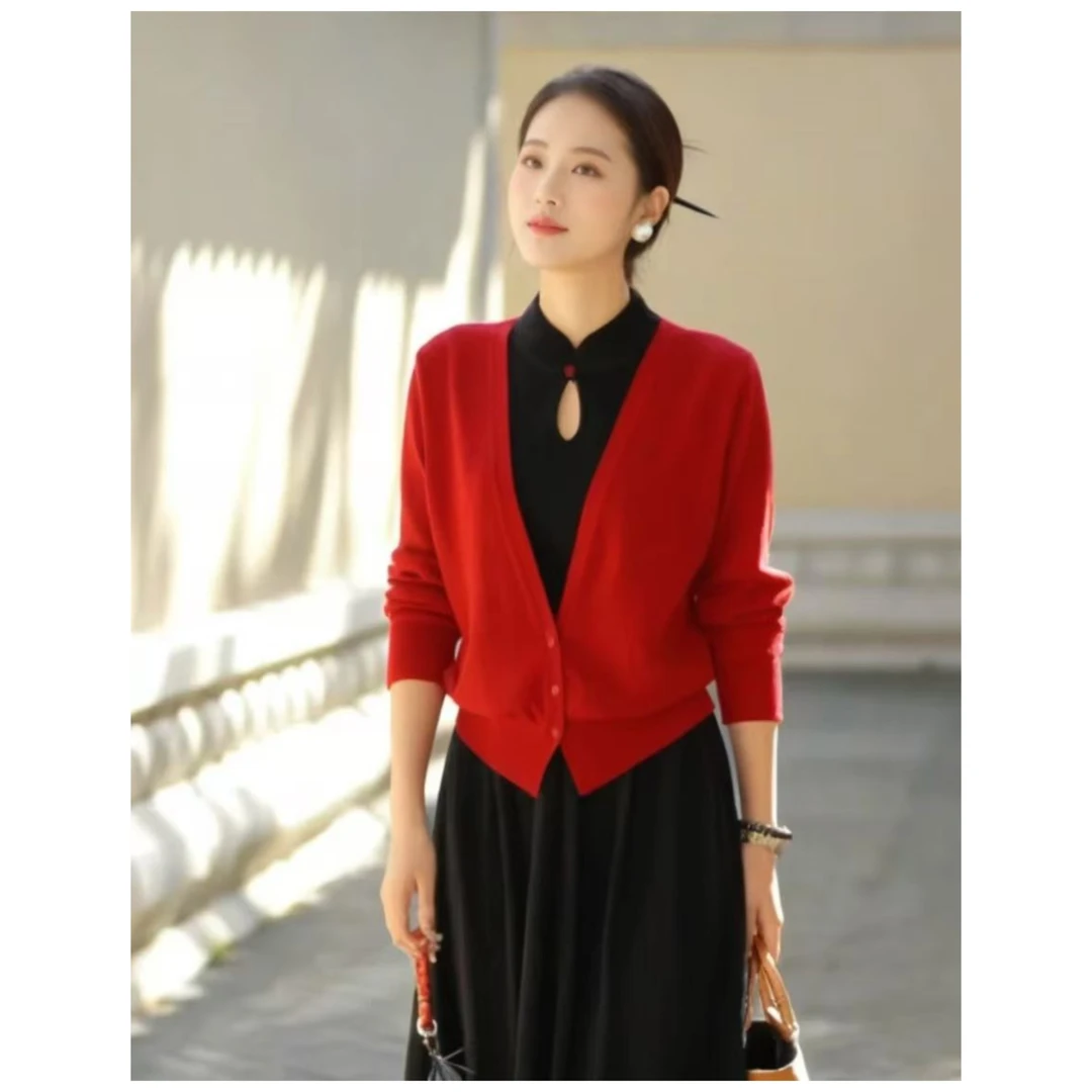 加厚超细羊毛~胸104-150长61三片式新中式盘扣假两件针织 3409