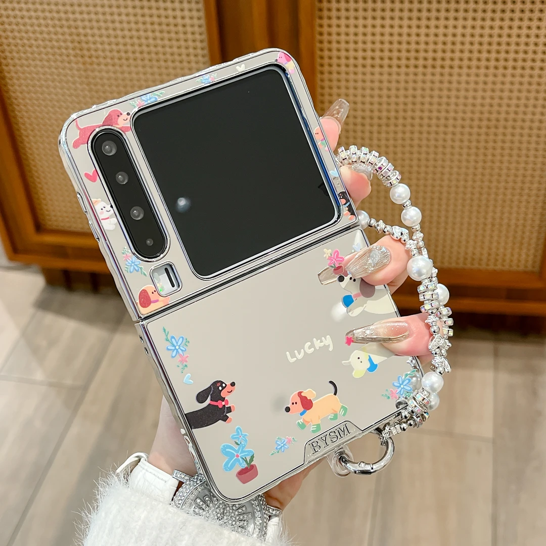 适用华为purax手机壳钻纹补妆镜子腊肠狗pocket2折叠女款保护套