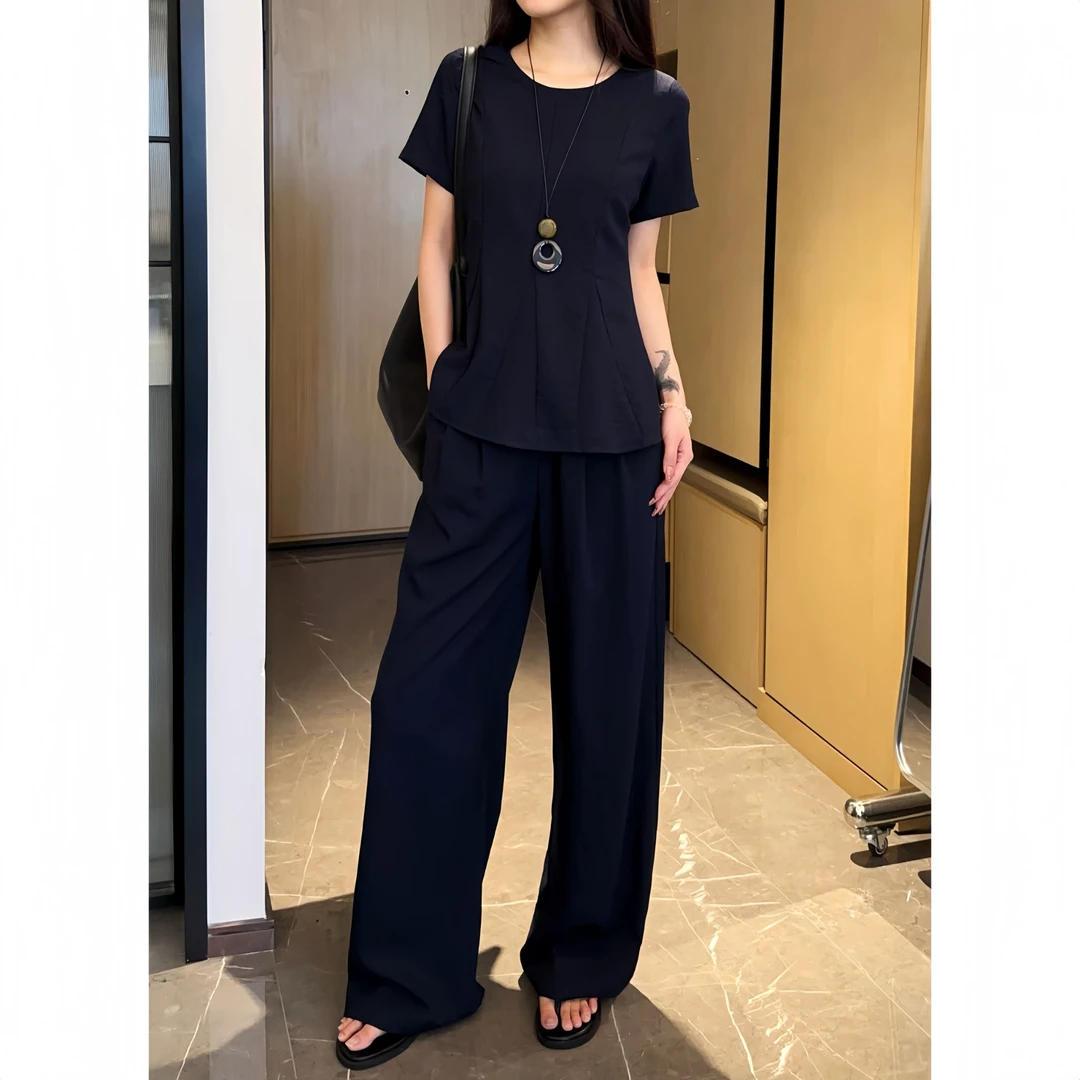 2025夏季新款时尚套装女圆领短袖上衣高腰宽松阔腿裤休闲两件套