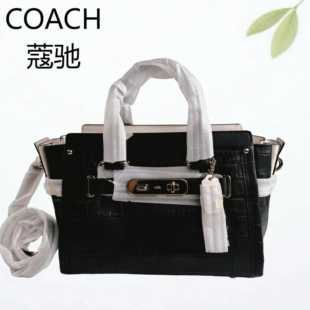 99新 COACH/蔻驰 黑金鳄压纹手提单肩包G25803649底长33X23