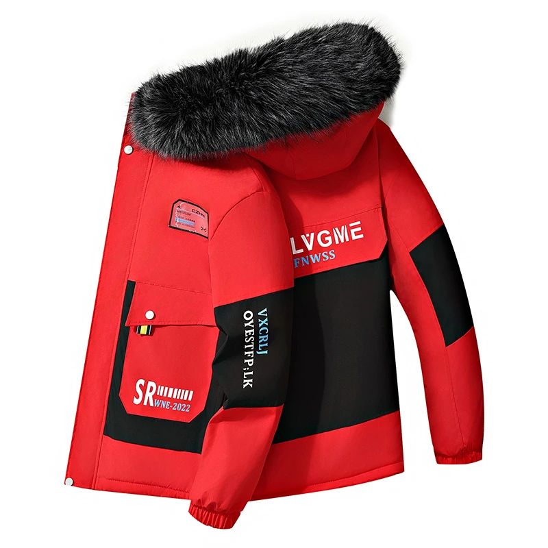 棉衣男冬季加绒加厚男士外套青少年棉袄潮流拼色印花连帽工装棉服