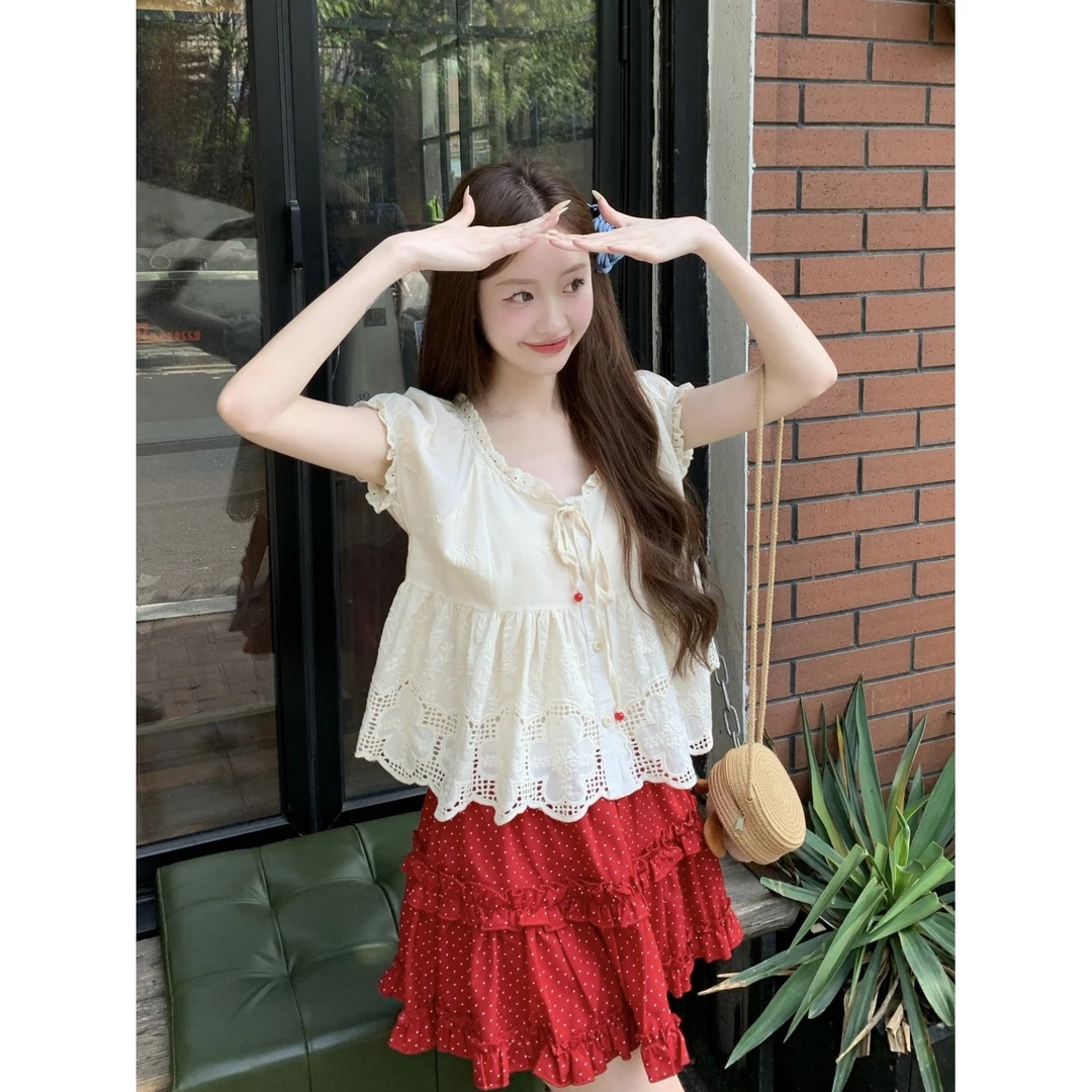 2025新款大码女装甜美法式蕾丝泡泡袖宽松衬衫上衣8213