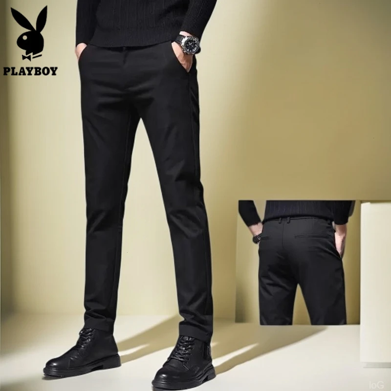 花花公子秋冬新款高端黑色四面弹力休闲裤男士修身直筒裤商务西裤