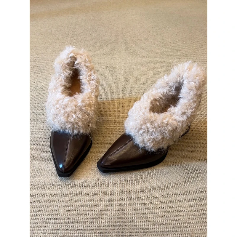 nnmiss/8cm小个子尖头粗跟毛毛鞋高级感一脚蹬通勤浅口单鞋