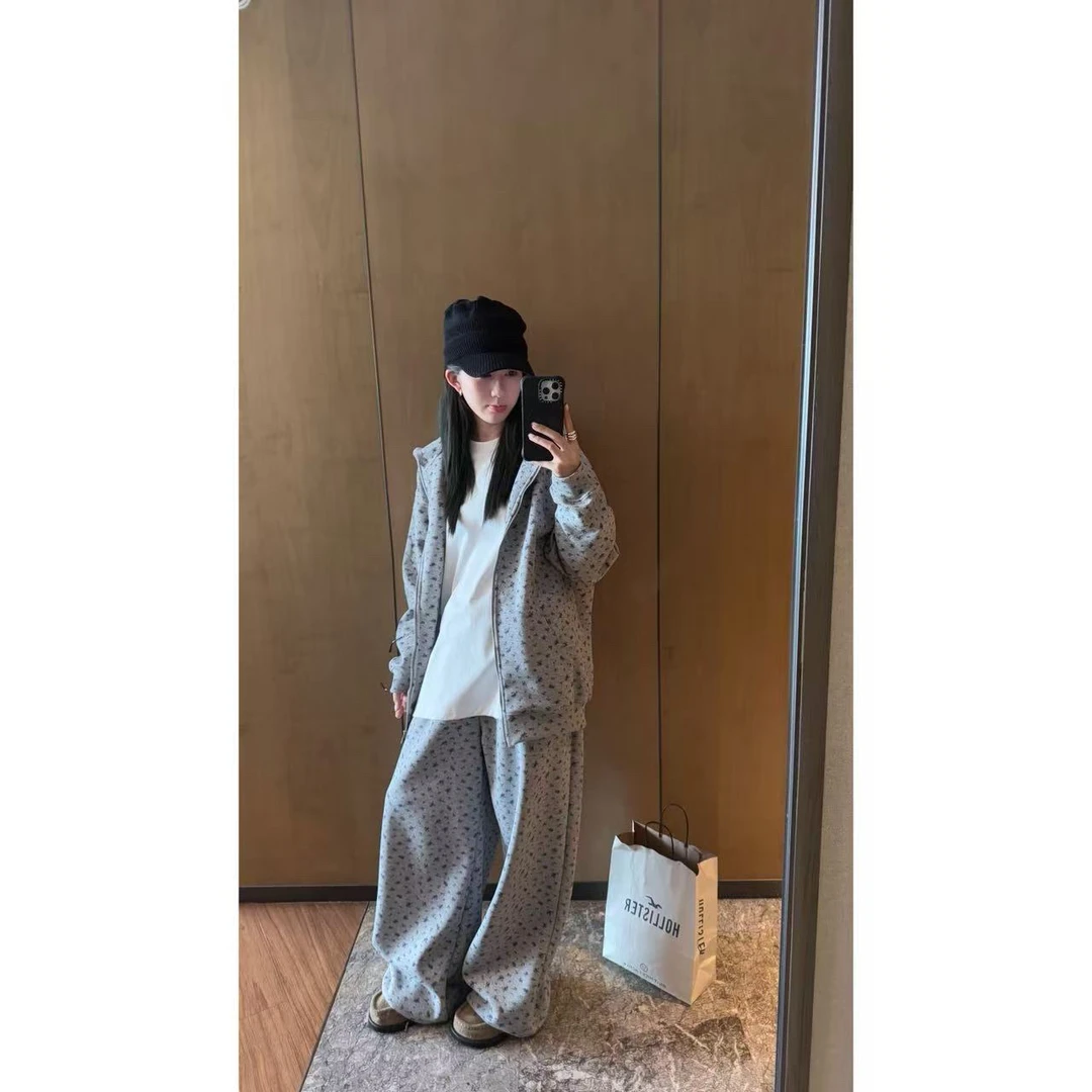 【陈碗饭】韩系碎花灰色连帽开衫卫衣休闲裤慵懒风套装156