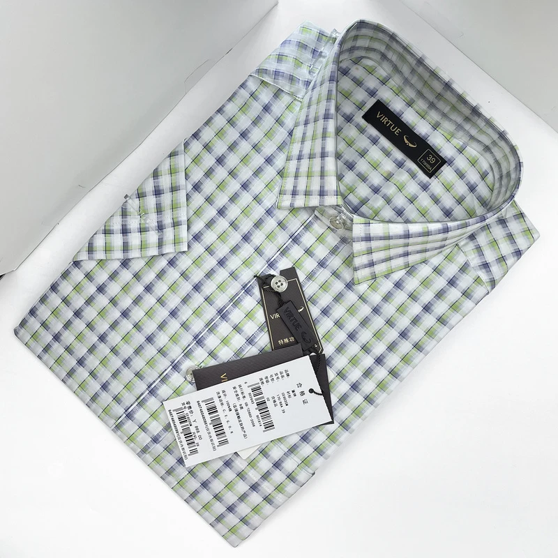 CE603仿丝绸整理/夏季新款纯棉花格子短袖衬衫高档商务半袖衬衣男