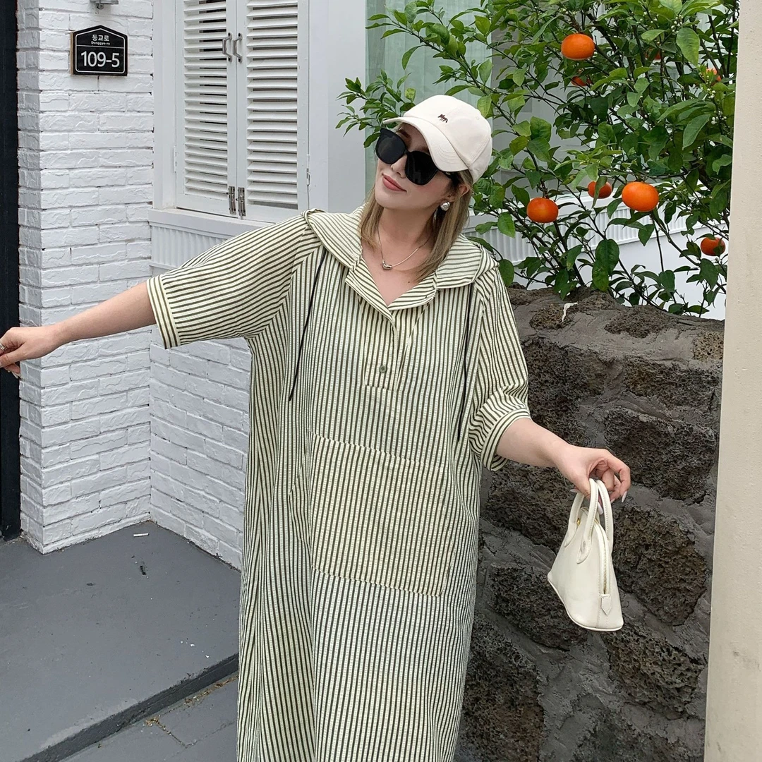 媛子大码条纹慵懒风连衣裙连帽宽松显瘦遮肉25夏季新款爆款透气