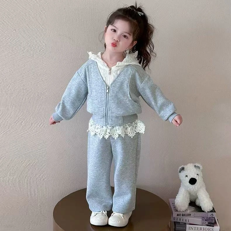 女童春款2025新款儿童春季韩系假两件蕾丝帽开衫阔腿裤休闲运动装