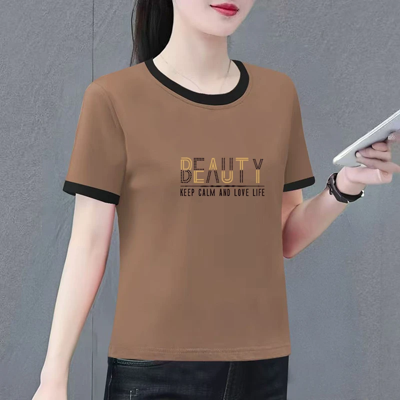 夏季新款时尚百搭圆领纯棉体恤女韩版印花宽松打底潮小众短袖时尚