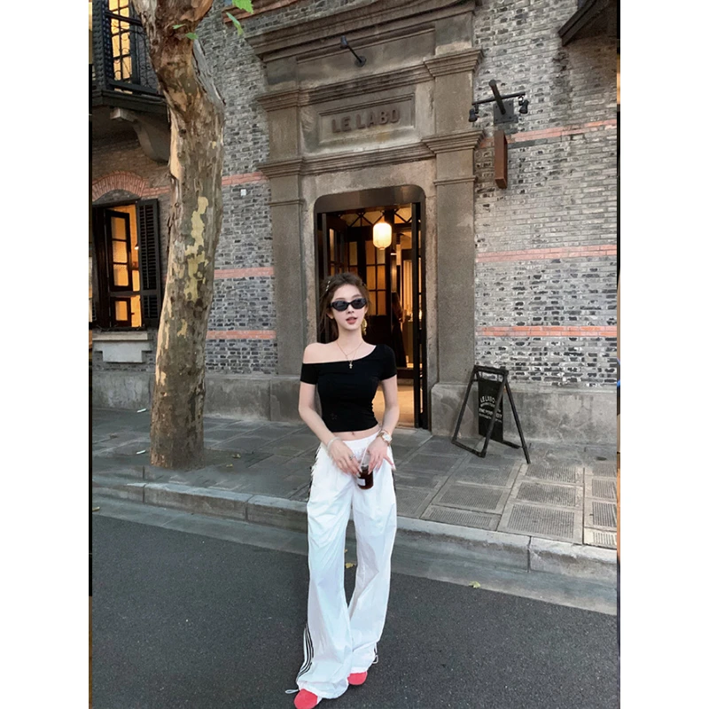 2025春季新款百搭黑色修身显瘦T恤上衣女高腰直筒休闲宽松阔腿裤