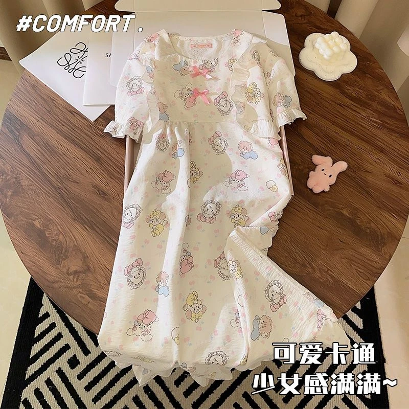 睡裙女夏季短袖圆领薄款睡衣少女公主风卡通甜美可外穿家居服 964