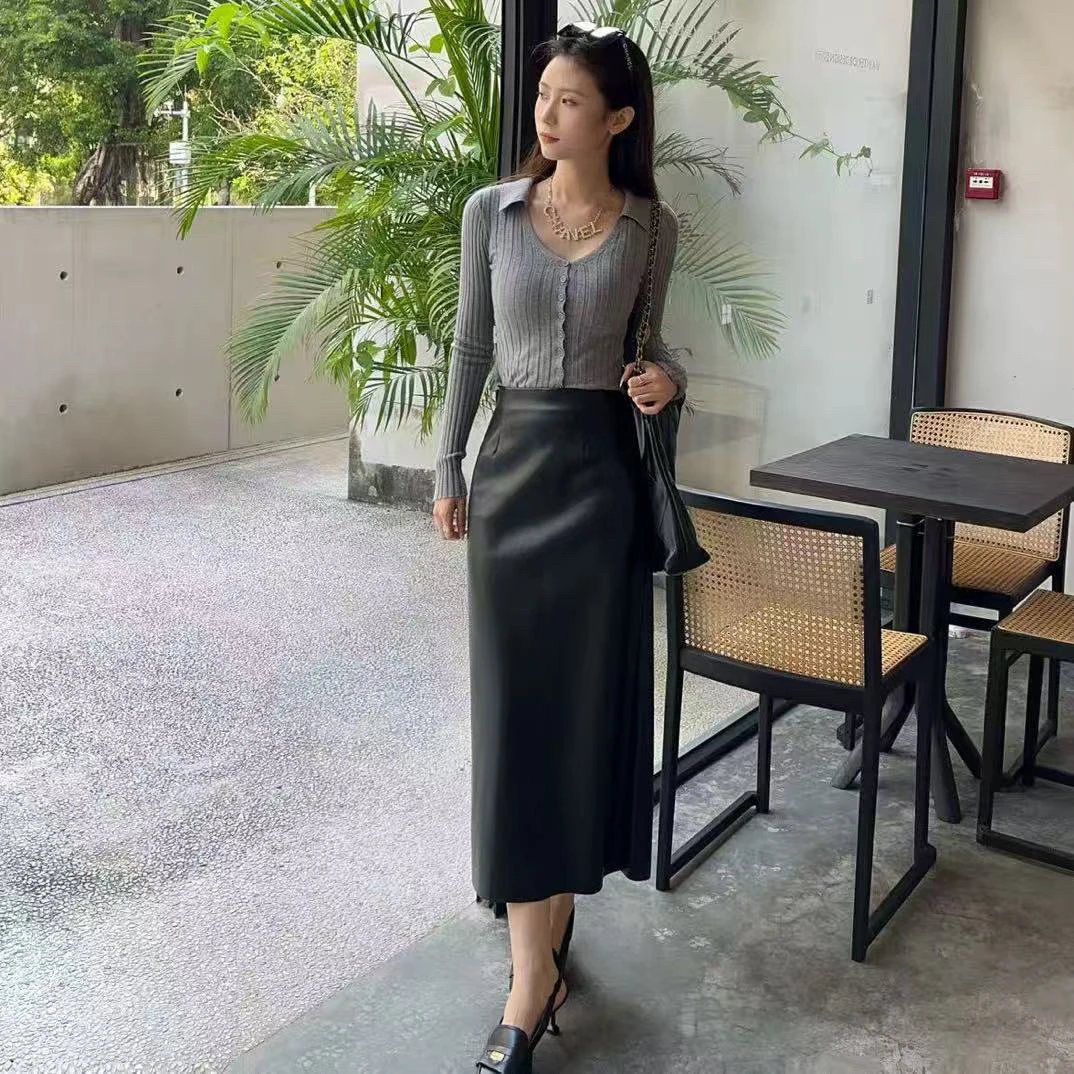 260563高腰显瘦皮裙半身裙