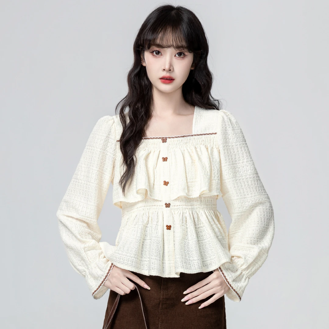 法式杏色方领长袖衬衫女春秋2025秋季新款荷叶边衬衣收腰短款上衣