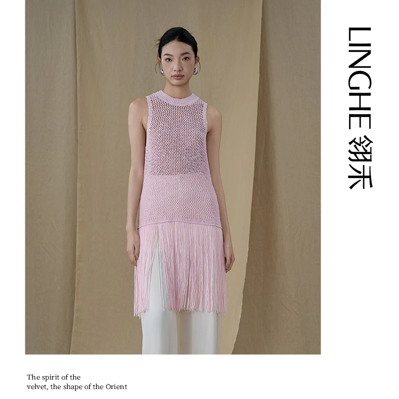 翎禾LINGHE-「白如玉」无袖圆领网孔时尚度假风针织流苏套头衫