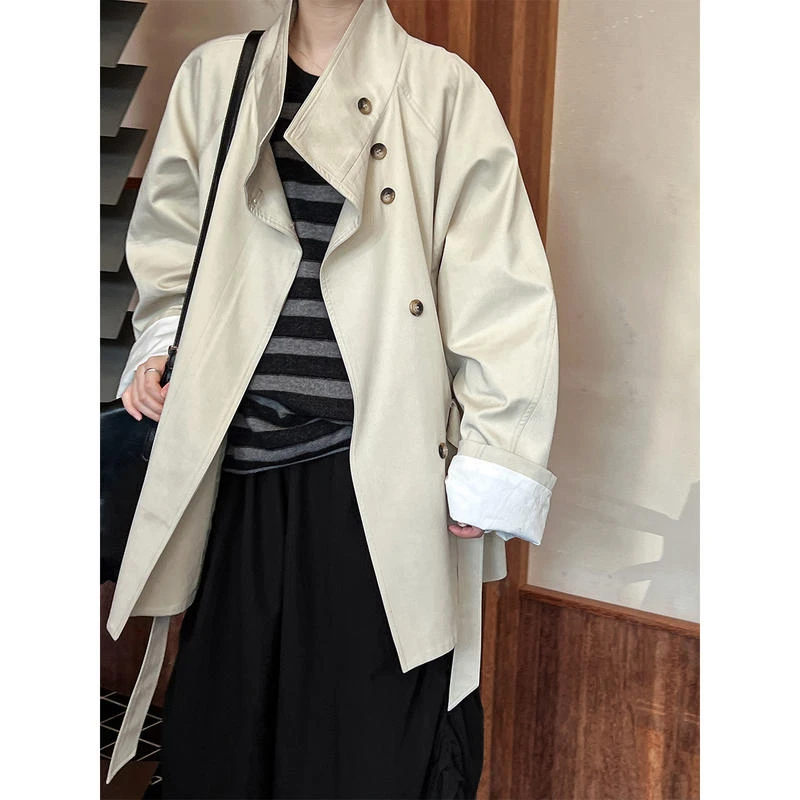 鹿西 秋季纯色立领短款风衣外套女2024新款系带显瘦气质外套3986