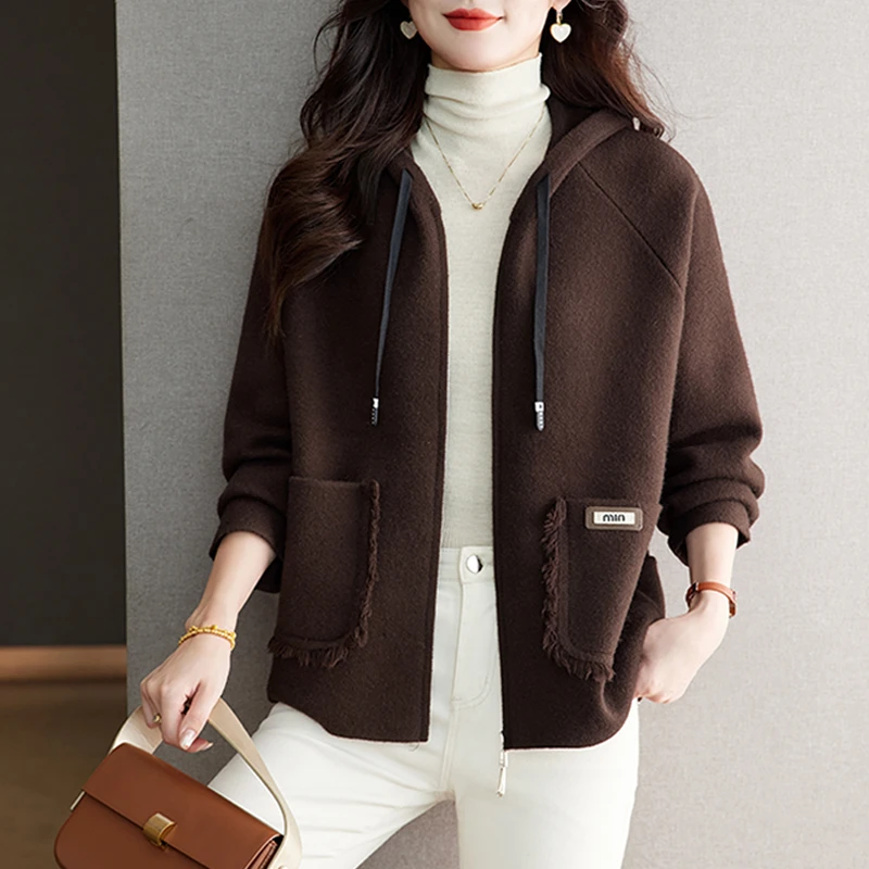 大码连帽拉链开衫安哥拉红短款外套女宽松洋气上衣秋冬双面毛呢子