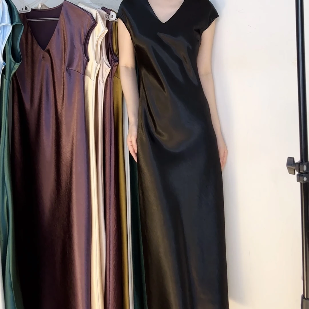 原版～小盖袖包肩袖V领高腰鱼尾裙长裙连衣裙缎面连衣裙～小盖袖