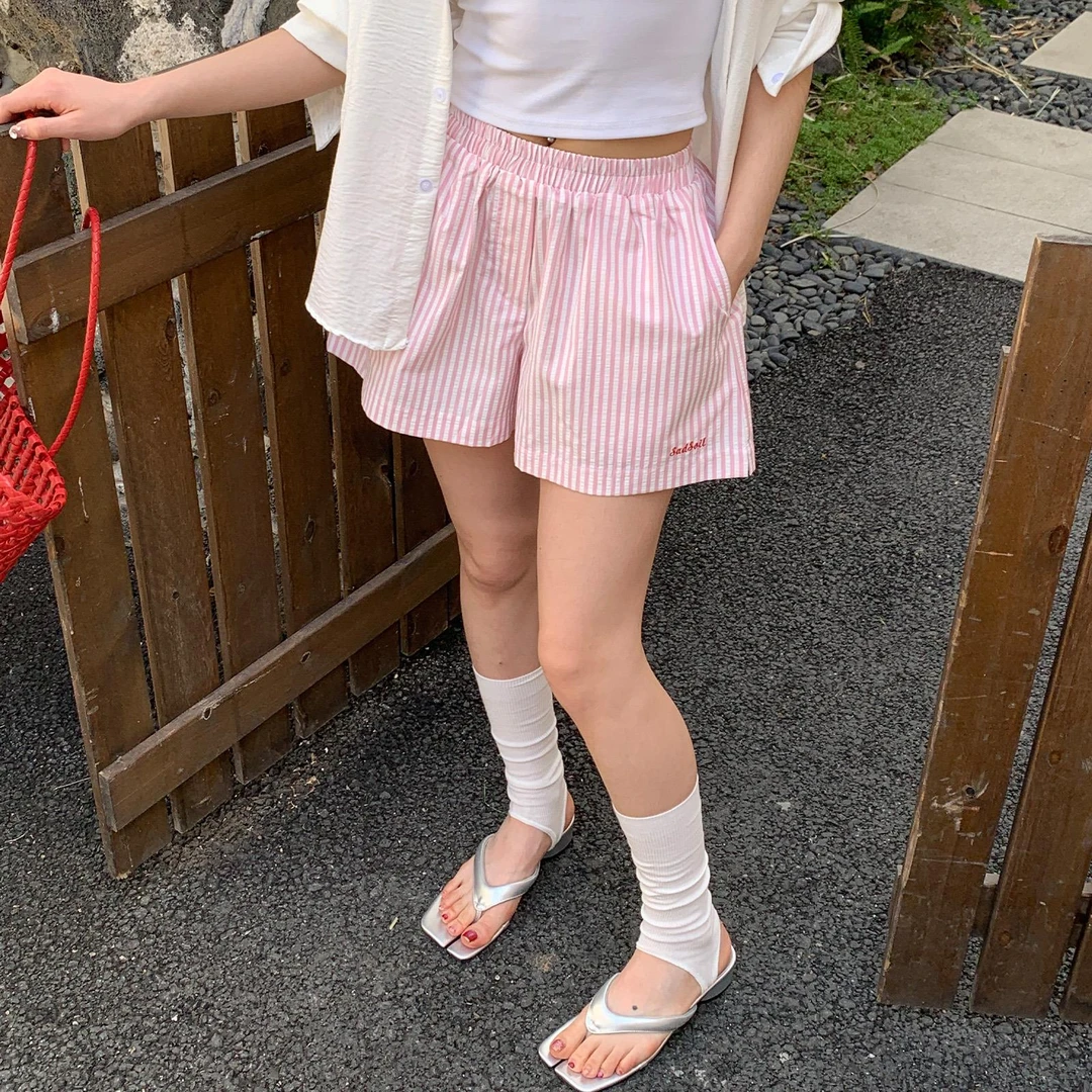 雪千羽条纹休闲短裤女夏季运动弹力腰抽绳宽松A字热裤休闲三分裤