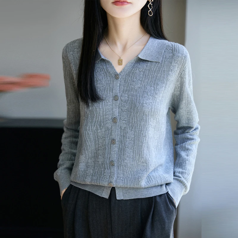 品牌时尚女装早秋POLO领精纺长袖针织开衫翻领衬衣时尚打底上衣