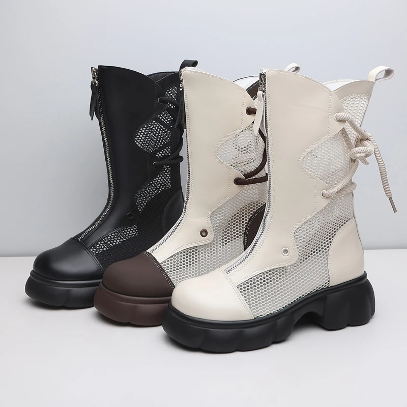 真皮镂空马丁靴女2025春夏季新款厚底网纱薄款凉靴透气中筒网靴