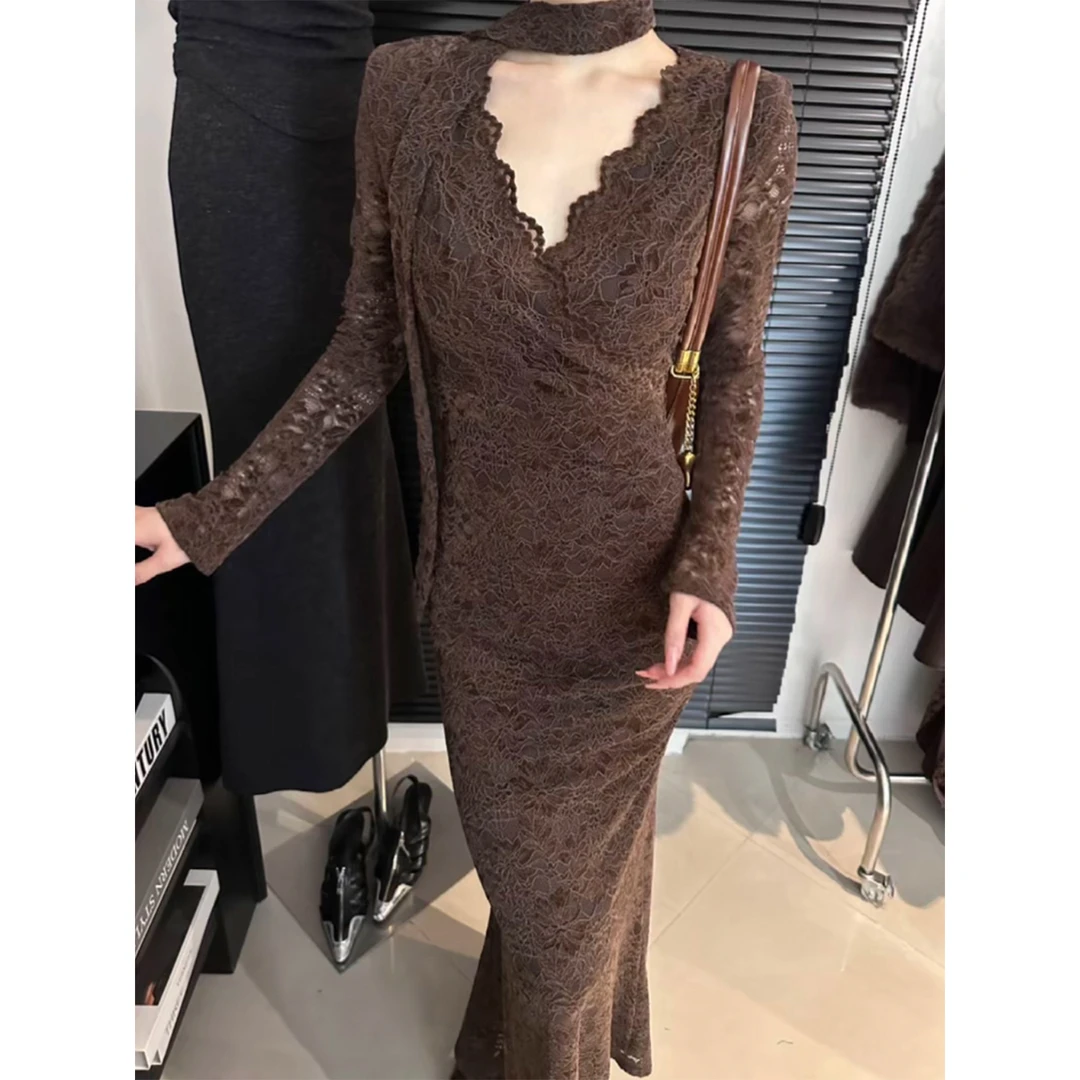 性感名媛风蕾丝连衣裙女秋冬季新款修身收腰高级感包臀鱼尾长裙