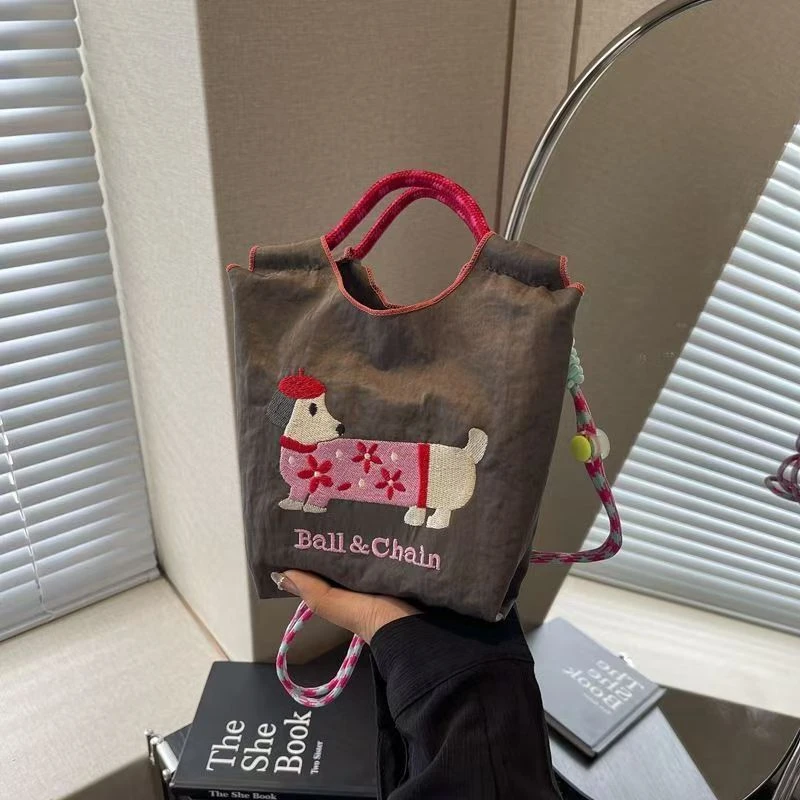 高圆圆同款刺绣单肩购物袋大容量尼龙环保出门斜挎包手提手机包