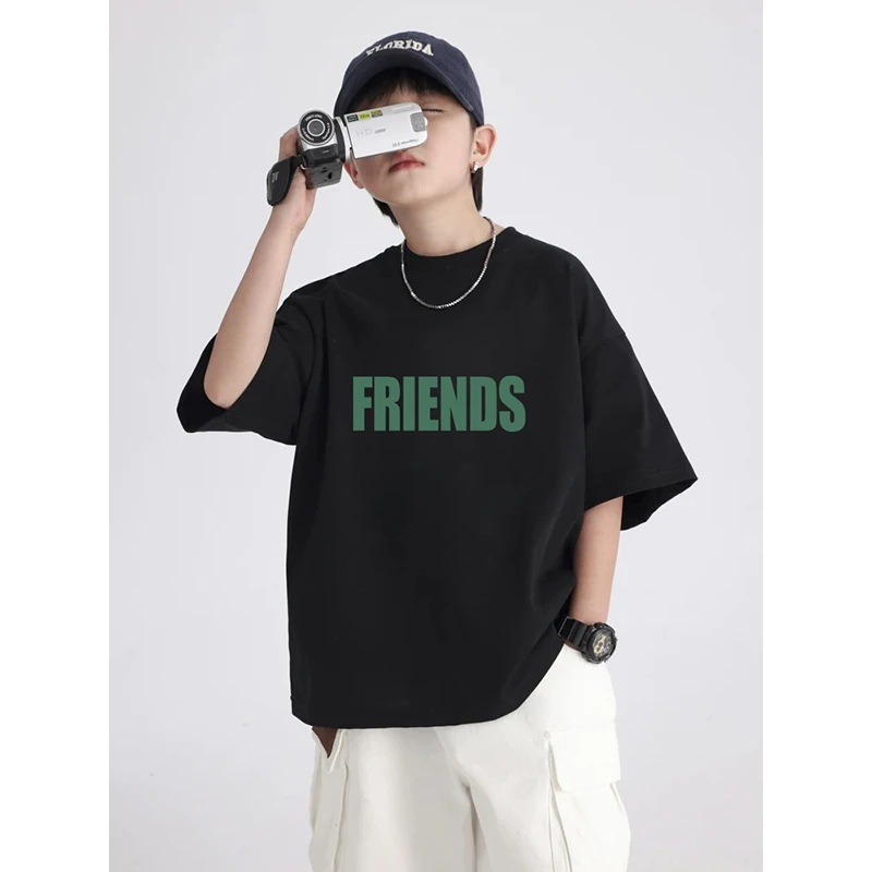 夏季纯棉T恤打底衫2025新款男女童卡通大字母印花儿童短袖潮T宽松