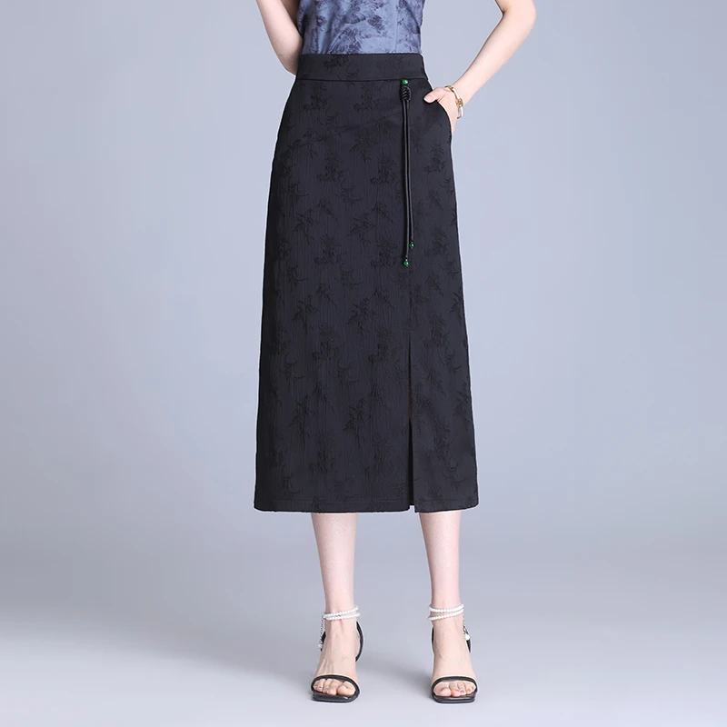 新中式国风半身裙春夏直筒一步裙2025新款高腰显瘦中长开叉包臀裙