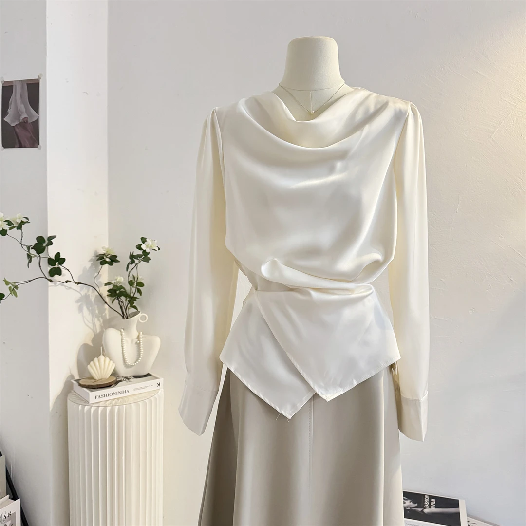 法式高级感荡领缎面衬衫女长袖2025秋设计感绑带收腰气质小衫上衣